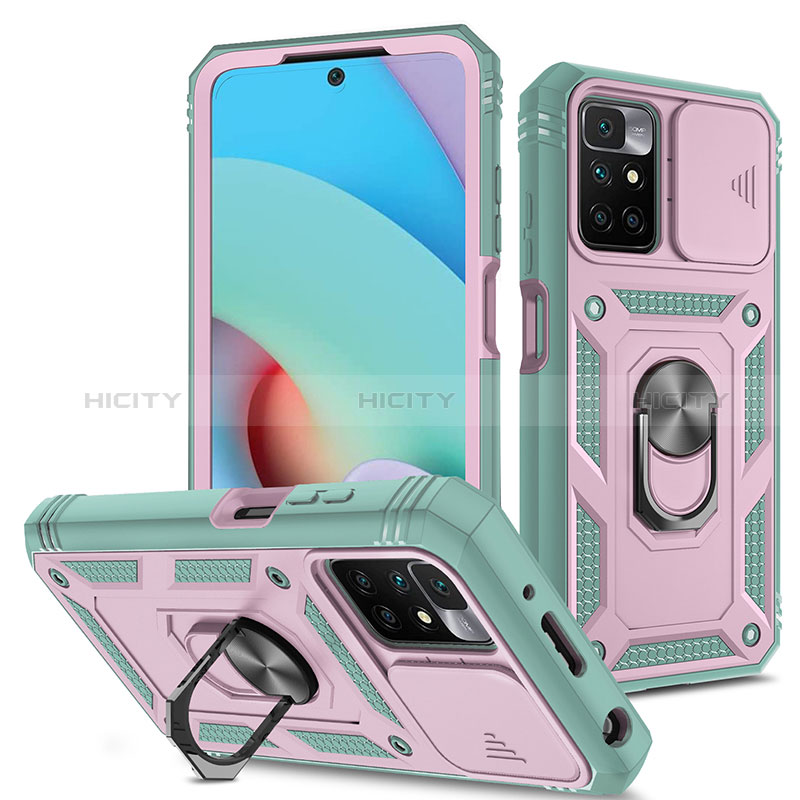 Silikon Hülle Handyhülle und Kunststoff Schutzhülle Hartschalen Tasche mit Magnetisch Fingerring Ständer MQ5 für Xiaomi Redmi Note 11 4G (2021) Rosa