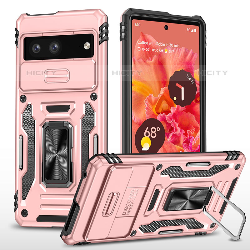 Silikon Hülle Handyhülle und Kunststoff Schutzhülle Hartschalen Tasche mit Magnetisch Fingerring Ständer MQ6 für Google Pixel 7 5G Rosegold