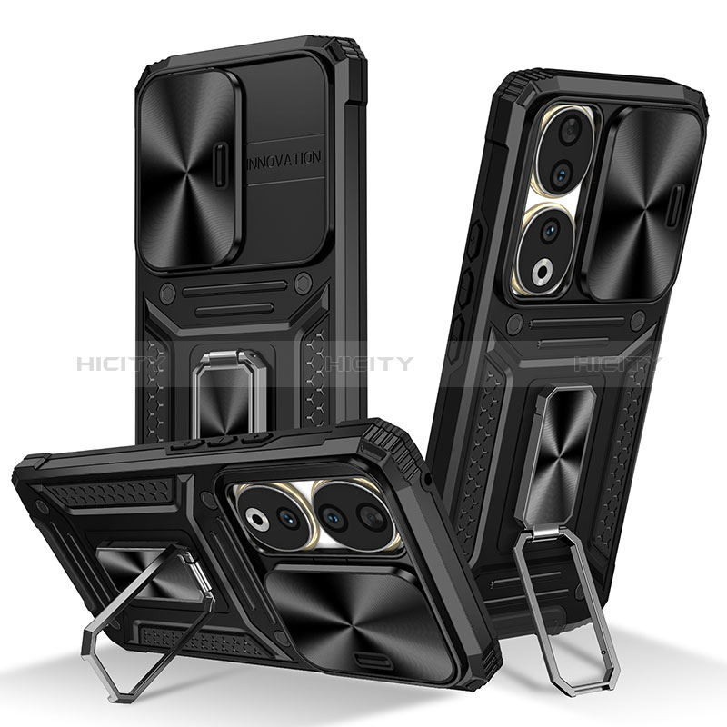 Silikon Hülle Handyhülle und Kunststoff Schutzhülle Hartschalen Tasche mit Magnetisch Fingerring Ständer MQ6 für Huawei Honor 90 5G Schwarz