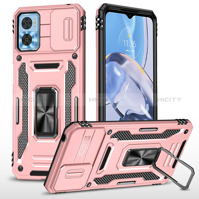 Silikon Hülle Handyhülle und Kunststoff Schutzhülle Hartschalen Tasche mit Magnetisch Fingerring Ständer MQ6 für Motorola Moto E22 Rosegold Plus