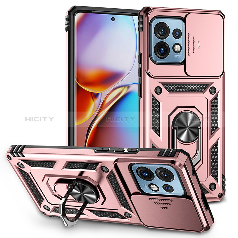 Silikon Hülle Handyhülle und Kunststoff Schutzhülle Hartschalen Tasche mit Magnetisch Fingerring Ständer MQ6 für Motorola Moto Edge Plus (2023) 5G Rosegold Plus