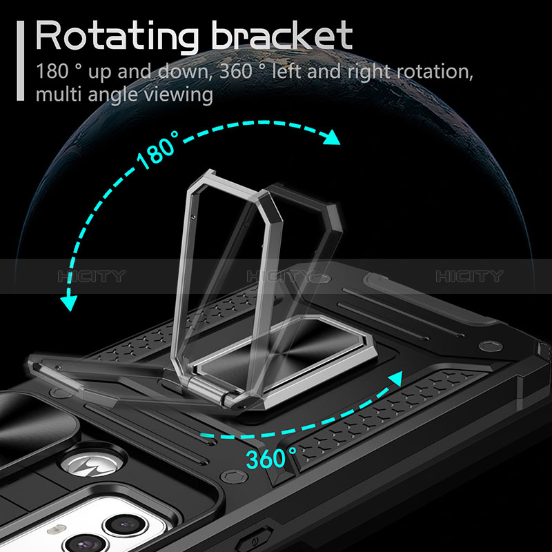 Silikon Hülle Handyhülle und Kunststoff Schutzhülle Hartschalen Tasche mit Magnetisch Fingerring Ständer MQ6 für Motorola Moto G Power (2022)