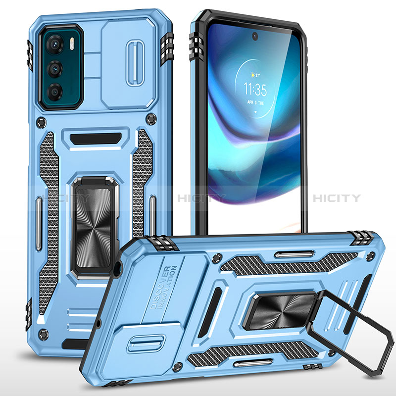 Silikon Hülle Handyhülle und Kunststoff Schutzhülle Hartschalen Tasche mit Magnetisch Fingerring Ständer MQ6 für Motorola Moto G42 Blau Plus