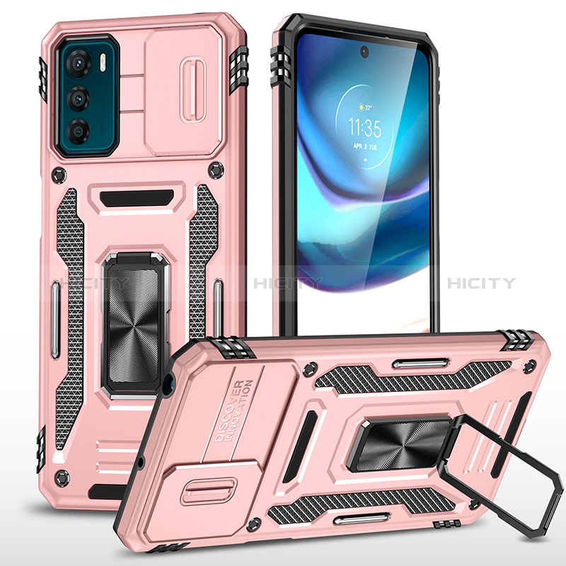 Silikon Hülle Handyhülle und Kunststoff Schutzhülle Hartschalen Tasche mit Magnetisch Fingerring Ständer MQ6 für Motorola Moto G42 Rosegold