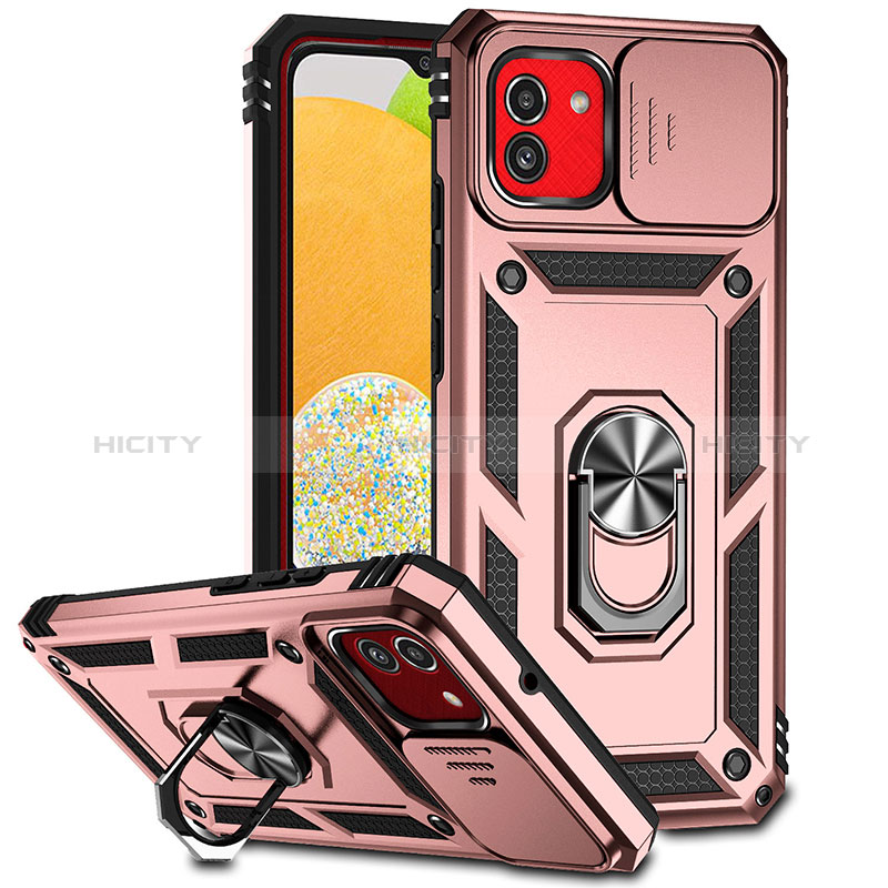 Silikon Hülle Handyhülle und Kunststoff Schutzhülle Hartschalen Tasche mit Magnetisch Fingerring Ständer MQ6 für Samsung Galaxy A03 Rosegold Plus