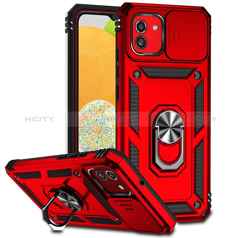 Silikon Hülle Handyhülle und Kunststoff Schutzhülle Hartschalen Tasche mit Magnetisch Fingerring Ständer MQ6 für Samsung Galaxy A03 Rot