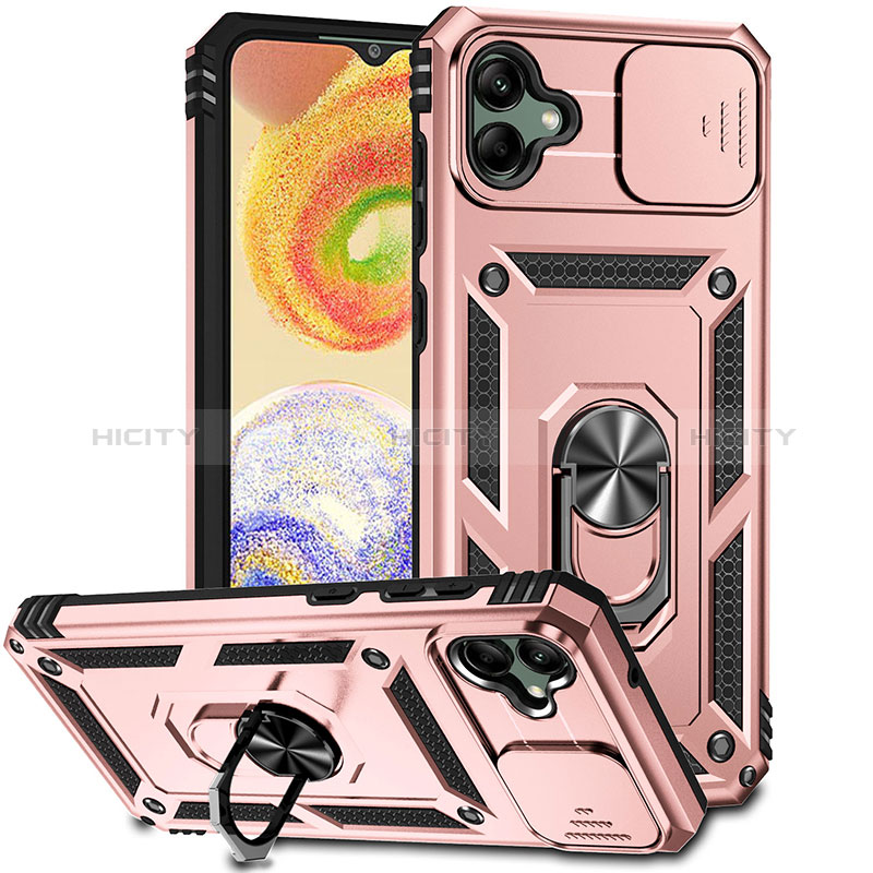 Silikon Hülle Handyhülle und Kunststoff Schutzhülle Hartschalen Tasche mit Magnetisch Fingerring Ständer MQ6 für Samsung Galaxy A04E Rosegold