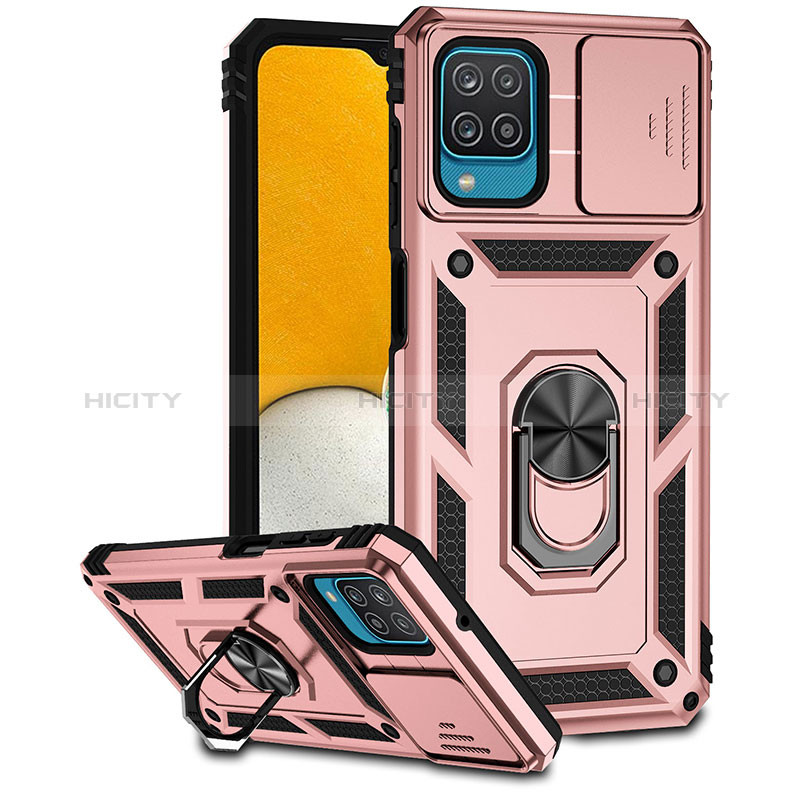 Silikon Hülle Handyhülle und Kunststoff Schutzhülle Hartschalen Tasche mit Magnetisch Fingerring Ständer MQ6 für Samsung Galaxy A12 Rosegold