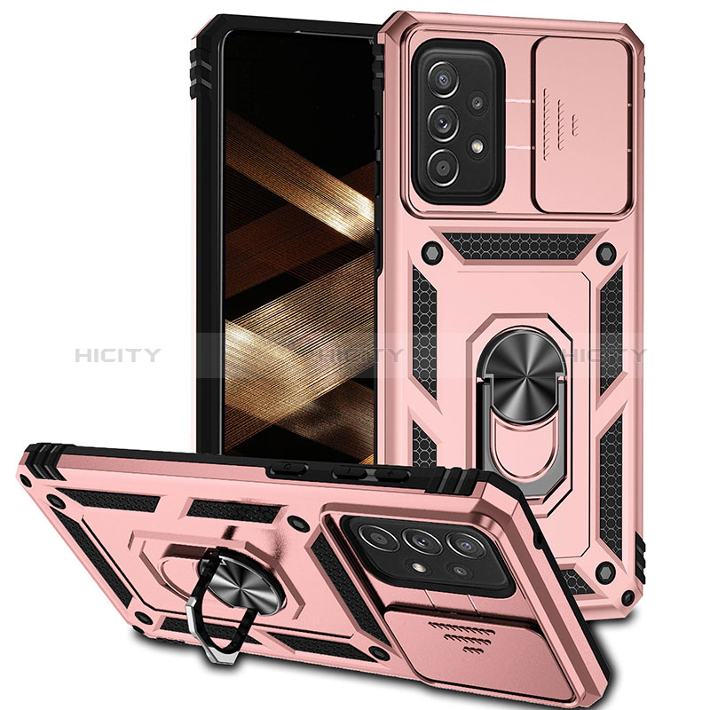 Silikon Hülle Handyhülle und Kunststoff Schutzhülle Hartschalen Tasche mit Magnetisch Fingerring Ständer MQ6 für Samsung Galaxy A73 5G Rosegold