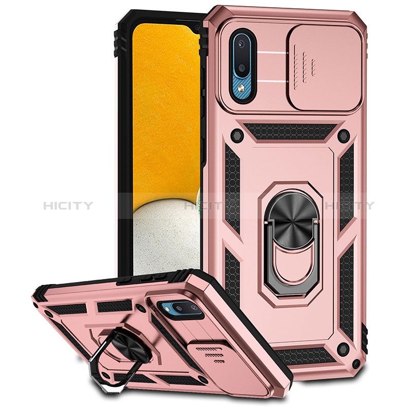 Silikon Hülle Handyhülle und Kunststoff Schutzhülle Hartschalen Tasche mit Magnetisch Fingerring Ständer MQ6 für Samsung Galaxy M02 Rosegold Plus