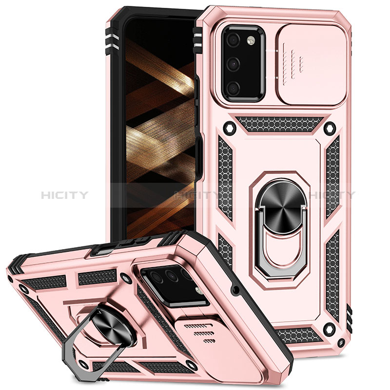 Silikon Hülle Handyhülle und Kunststoff Schutzhülle Hartschalen Tasche mit Magnetisch Fingerring Ständer MQ6 für Samsung Galaxy M02s Rosegold Plus