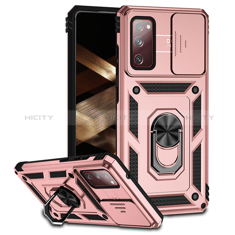 Silikon Hülle Handyhülle und Kunststoff Schutzhülle Hartschalen Tasche mit Magnetisch Fingerring Ständer MQ6 für Samsung Galaxy S20 FE 5G Rosegold Plus