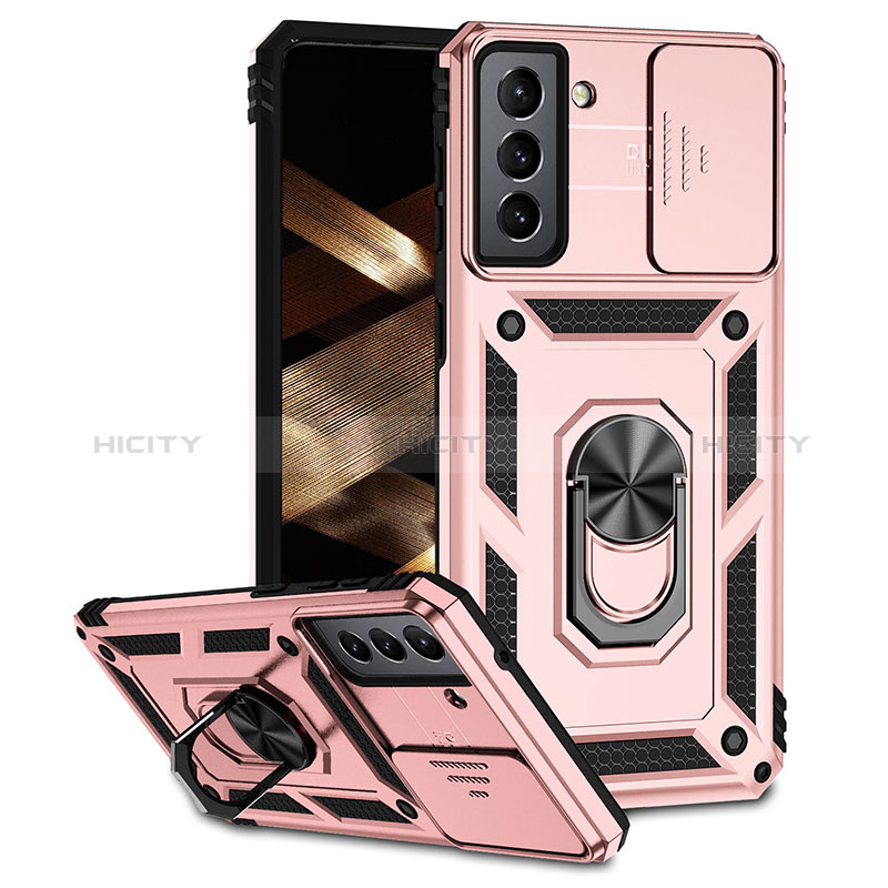 Silikon Hülle Handyhülle und Kunststoff Schutzhülle Hartschalen Tasche mit Magnetisch Fingerring Ständer MQ6 für Samsung Galaxy S21 FE 5G Rosegold Plus