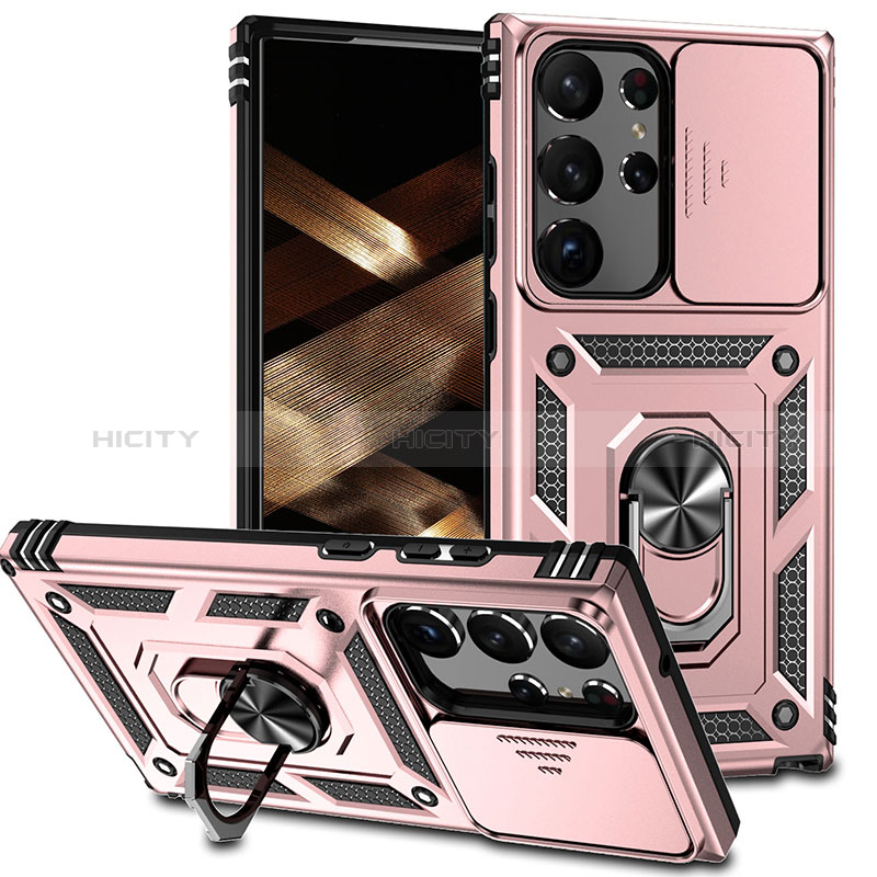 Silikon Hülle Handyhülle und Kunststoff Schutzhülle Hartschalen Tasche mit Magnetisch Fingerring Ständer MQ6 für Samsung Galaxy S22 Ultra 5G Rosegold