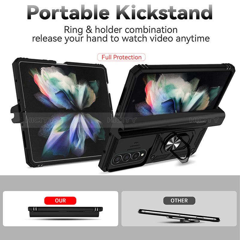 Silikon Hülle Handyhülle und Kunststoff Schutzhülle Hartschalen Tasche mit Magnetisch Fingerring Ständer MQ6 für Samsung Galaxy Z Fold3 5G