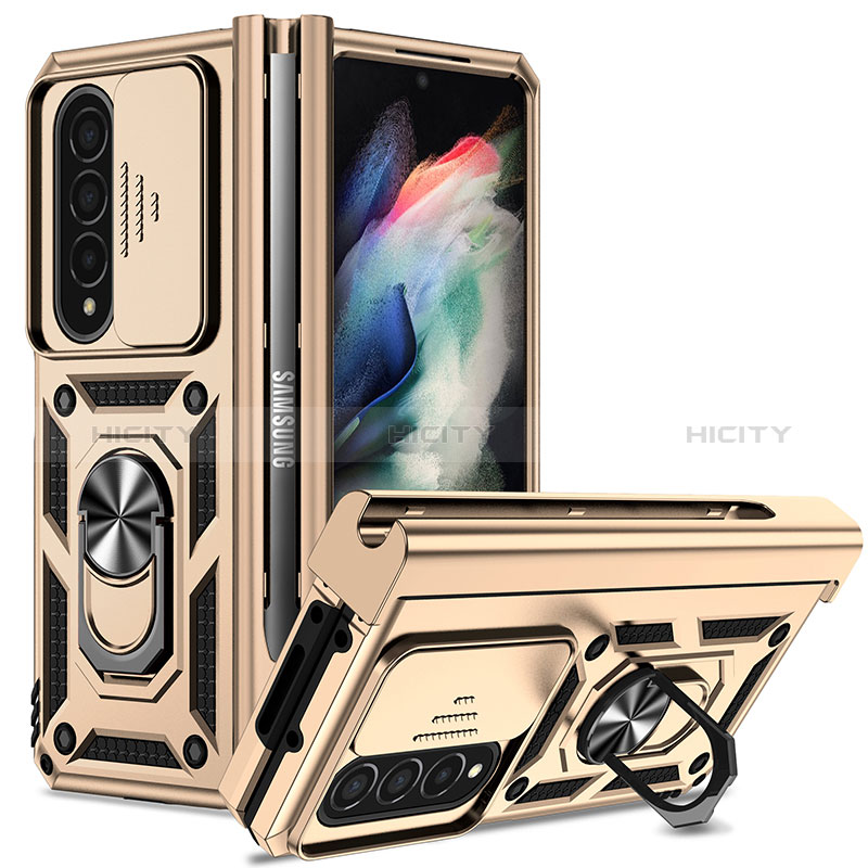 Silikon Hülle Handyhülle und Kunststoff Schutzhülle Hartschalen Tasche mit Magnetisch Fingerring Ständer MQ6 für Samsung Galaxy Z Fold3 5G Gold