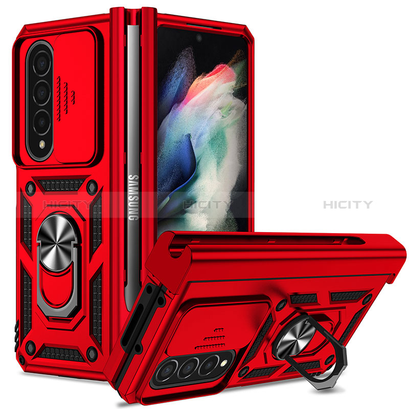 Silikon Hülle Handyhülle und Kunststoff Schutzhülle Hartschalen Tasche mit Magnetisch Fingerring Ständer MQ6 für Samsung Galaxy Z Fold3 5G Rot