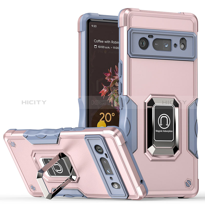 Silikon Hülle Handyhülle und Kunststoff Schutzhülle Hartschalen Tasche mit Magnetisch Fingerring Ständer QW1 für Google Pixel 6 Pro 5G Rosegold Plus