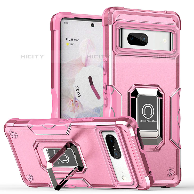 Silikon Hülle Handyhülle und Kunststoff Schutzhülle Hartschalen Tasche mit Magnetisch Fingerring Ständer QW1 für Google Pixel 7 5G Rosa