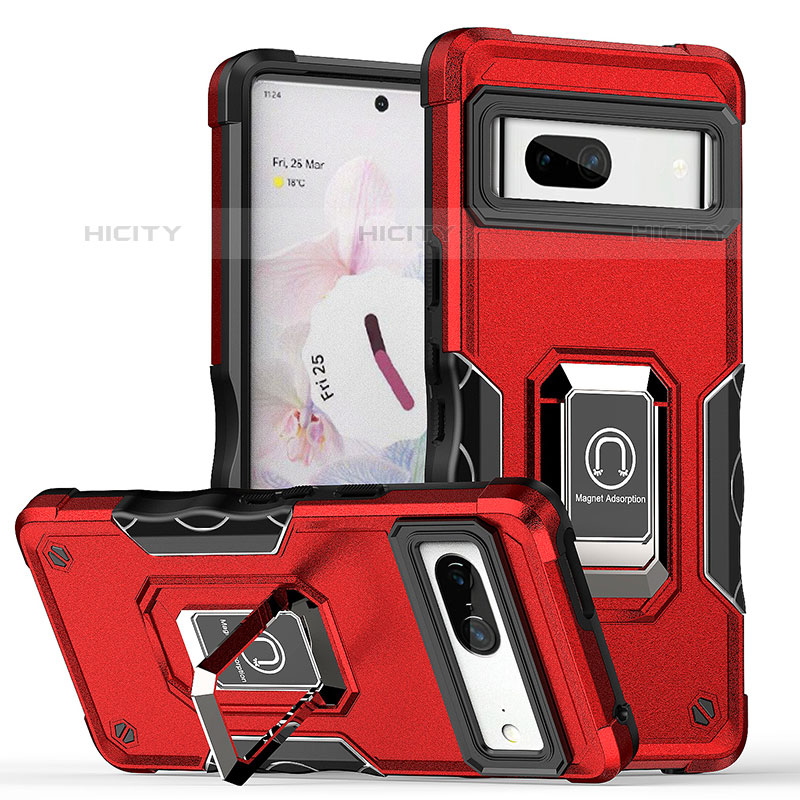 Silikon Hülle Handyhülle und Kunststoff Schutzhülle Hartschalen Tasche mit Magnetisch Fingerring Ständer QW1 für Google Pixel 7 5G Rot