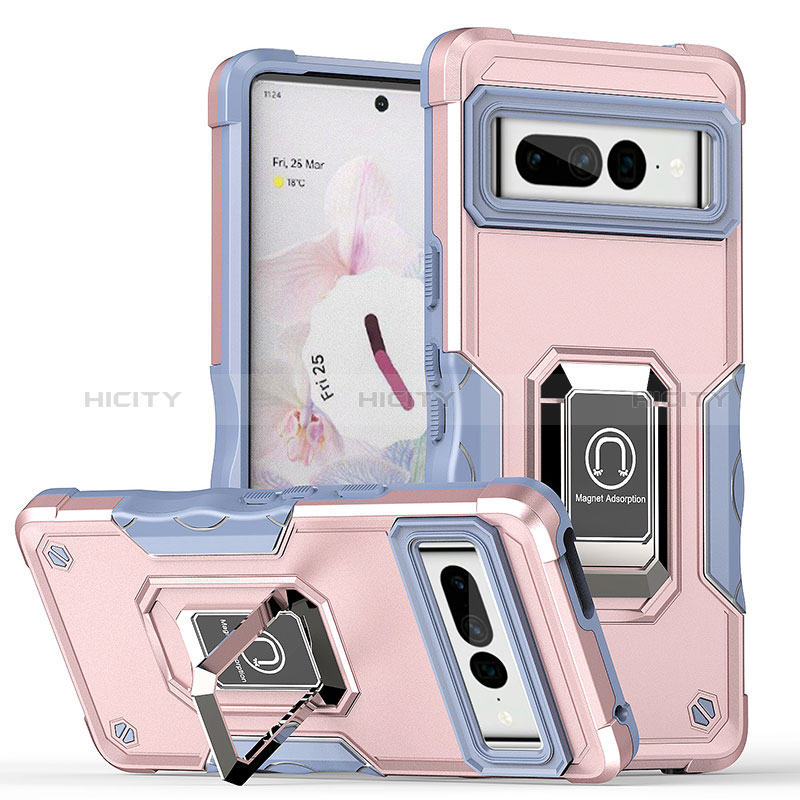 Silikon Hülle Handyhülle und Kunststoff Schutzhülle Hartschalen Tasche mit Magnetisch Fingerring Ständer QW1 für Google Pixel 7 Pro 5G Rosegold