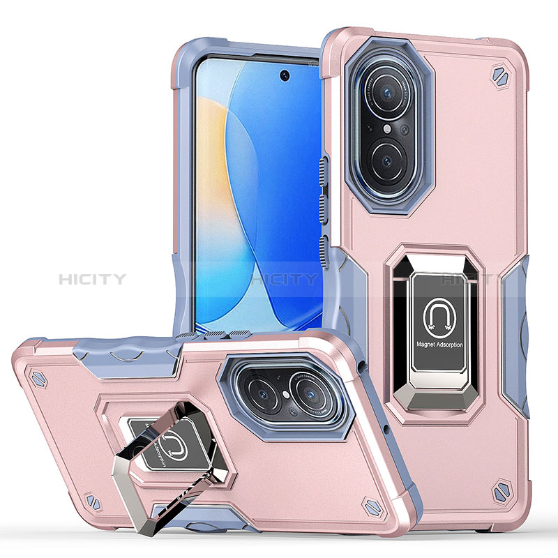 Silikon Hülle Handyhülle und Kunststoff Schutzhülle Hartschalen Tasche mit Magnetisch Fingerring Ständer QW1 für Huawei Honor 50 5G Rosegold Plus