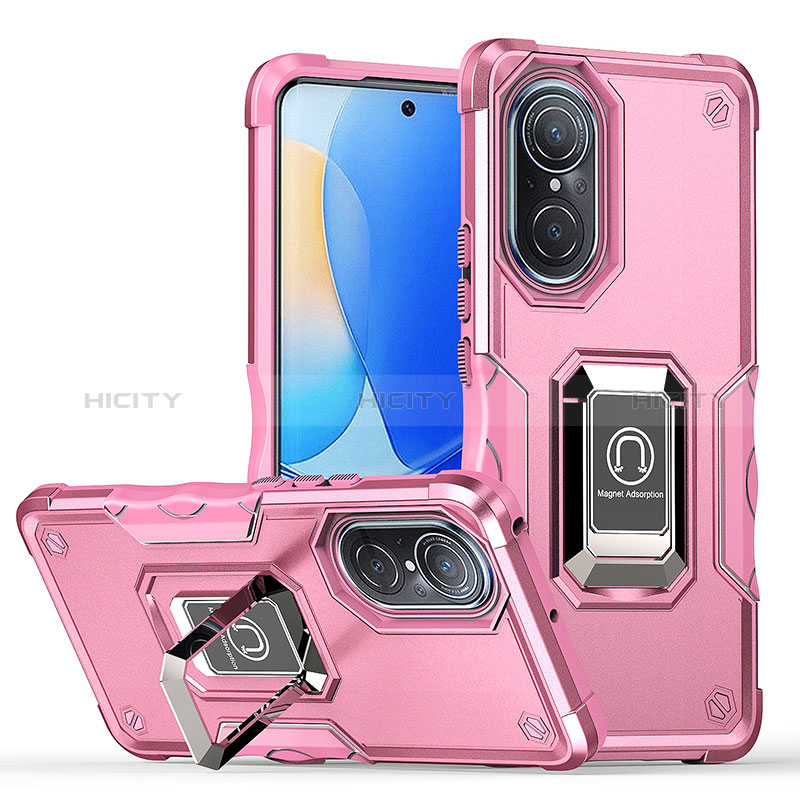 Silikon Hülle Handyhülle und Kunststoff Schutzhülle Hartschalen Tasche mit Magnetisch Fingerring Ständer QW1 für Huawei Nova 9 Rosa Plus