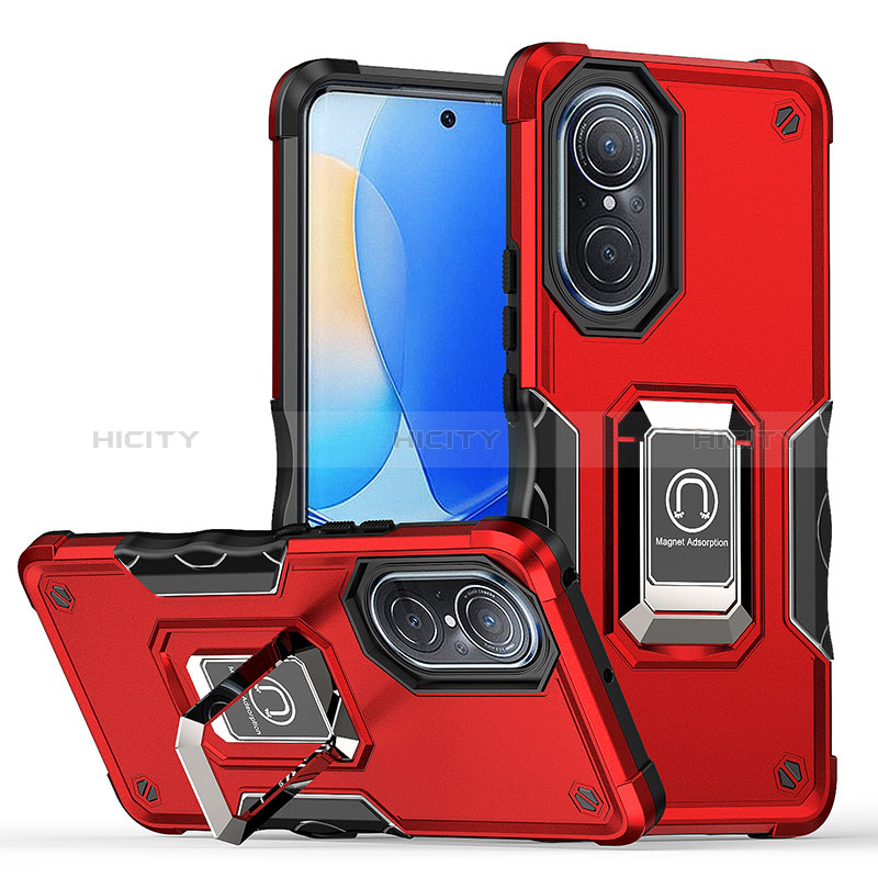 Silikon Hülle Handyhülle und Kunststoff Schutzhülle Hartschalen Tasche mit Magnetisch Fingerring Ständer QW1 für Huawei Nova 9 Rot