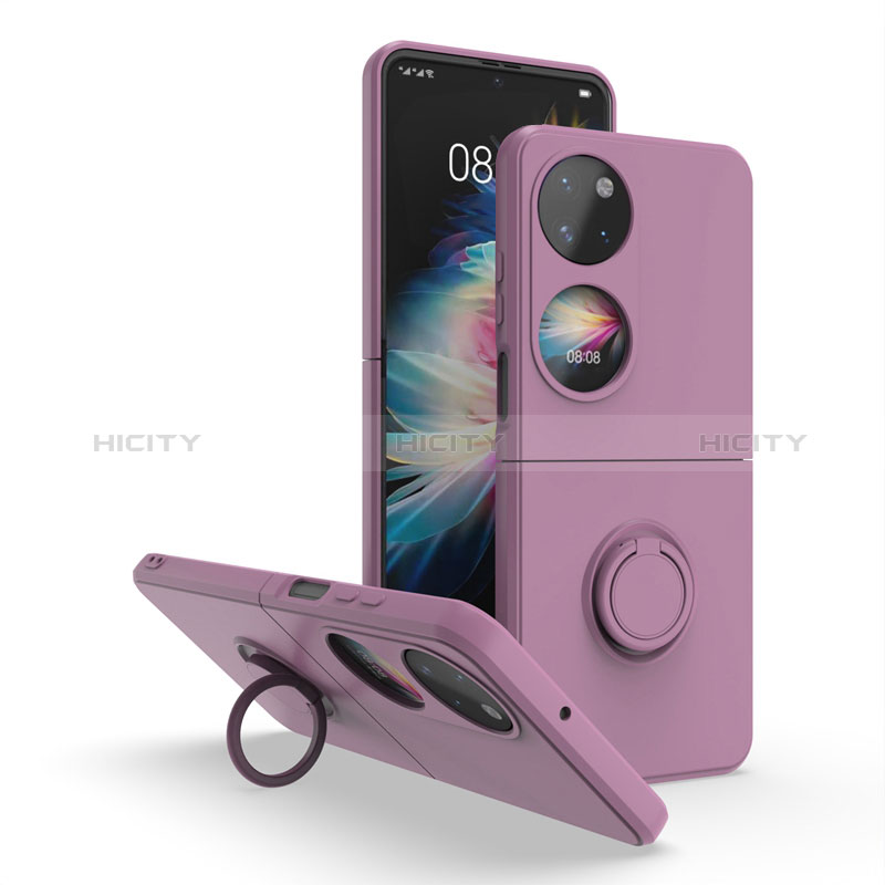 Silikon Hülle Handyhülle und Kunststoff Schutzhülle Hartschalen Tasche mit Magnetisch Fingerring Ständer QW1 für Huawei P60 Pocket Violett