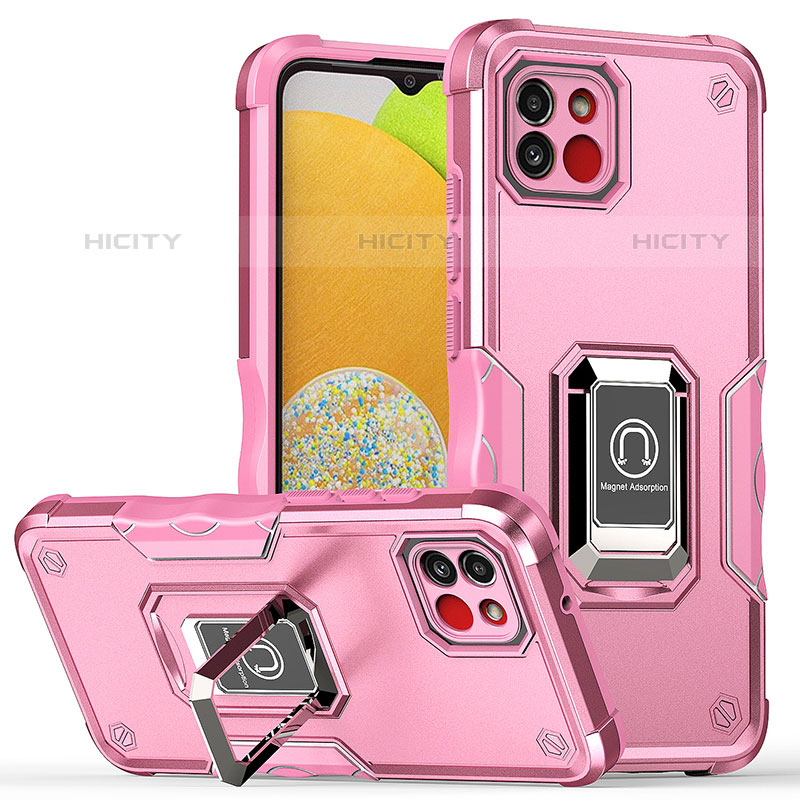 Silikon Hülle Handyhülle und Kunststoff Schutzhülle Hartschalen Tasche mit Magnetisch Fingerring Ständer QW1 für Samsung Galaxy A03 Rosegold Plus