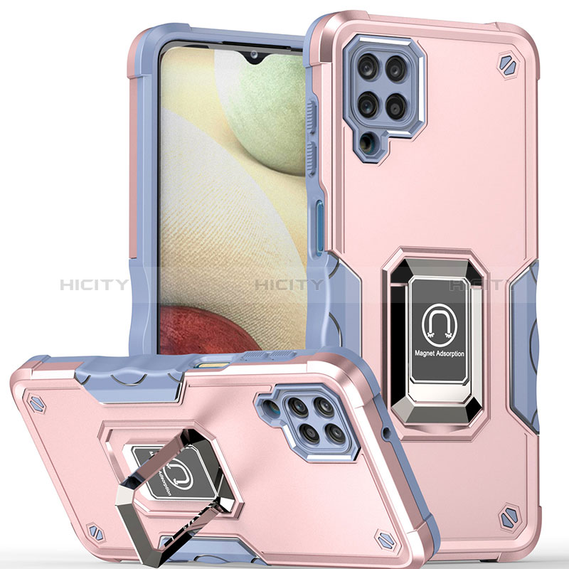 Silikon Hülle Handyhülle und Kunststoff Schutzhülle Hartschalen Tasche mit Magnetisch Fingerring Ständer QW1 für Samsung Galaxy A12 Nacho Rosa Plus