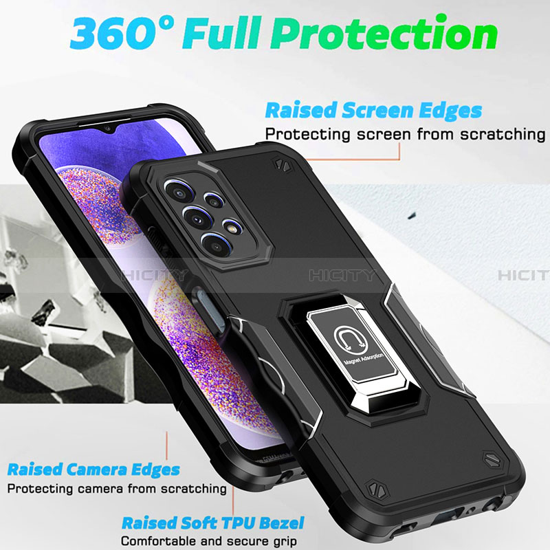 Silikon Hülle Handyhülle und Kunststoff Schutzhülle Hartschalen Tasche mit Magnetisch Fingerring Ständer QW1 für Samsung Galaxy A23 4G groß