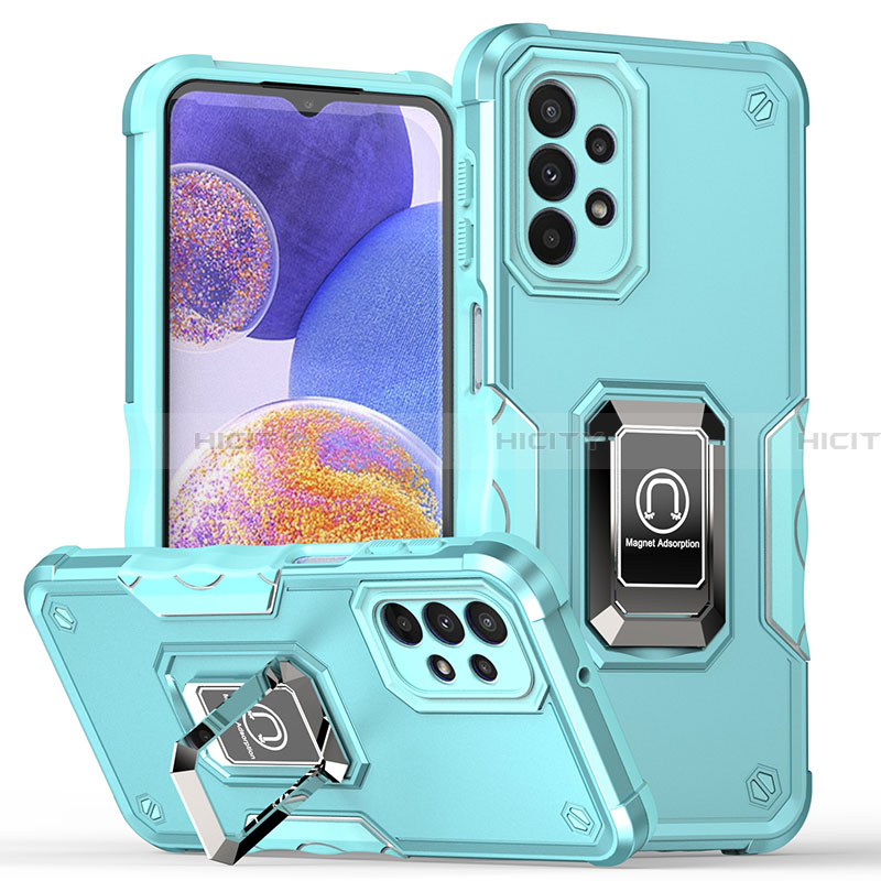 Silikon Hülle Handyhülle und Kunststoff Schutzhülle Hartschalen Tasche mit Magnetisch Fingerring Ständer QW1 für Samsung Galaxy A23 4G Hellblau