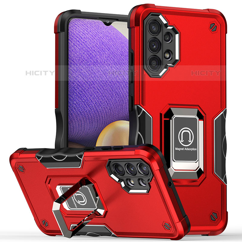 Silikon Hülle Handyhülle und Kunststoff Schutzhülle Hartschalen Tasche mit Magnetisch Fingerring Ständer QW1 für Samsung Galaxy M32 5G Rot