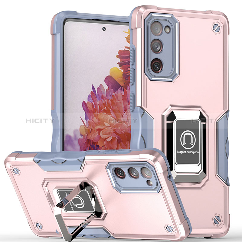 Silikon Hülle Handyhülle und Kunststoff Schutzhülle Hartschalen Tasche mit Magnetisch Fingerring Ständer QW1 für Samsung Galaxy S20 Lite 5G Rosa