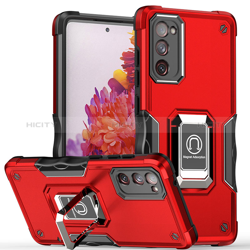 Silikon Hülle Handyhülle und Kunststoff Schutzhülle Hartschalen Tasche mit Magnetisch Fingerring Ständer QW1 für Samsung Galaxy S20 Lite 5G Rot Plus