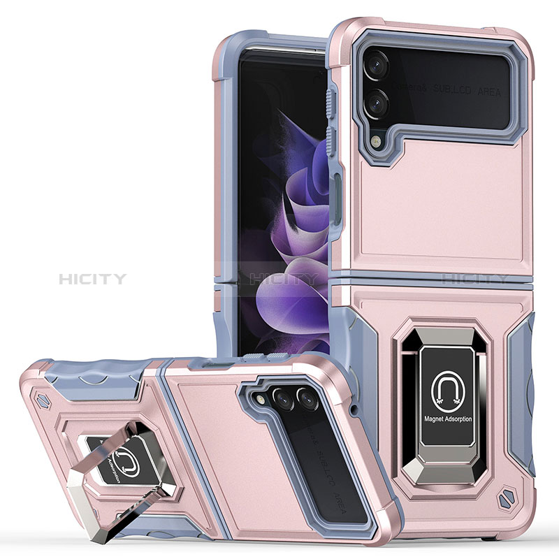 Silikon Hülle Handyhülle und Kunststoff Schutzhülle Hartschalen Tasche mit Magnetisch Fingerring Ständer QW1 für Samsung Galaxy Z Flip3 5G Rosa