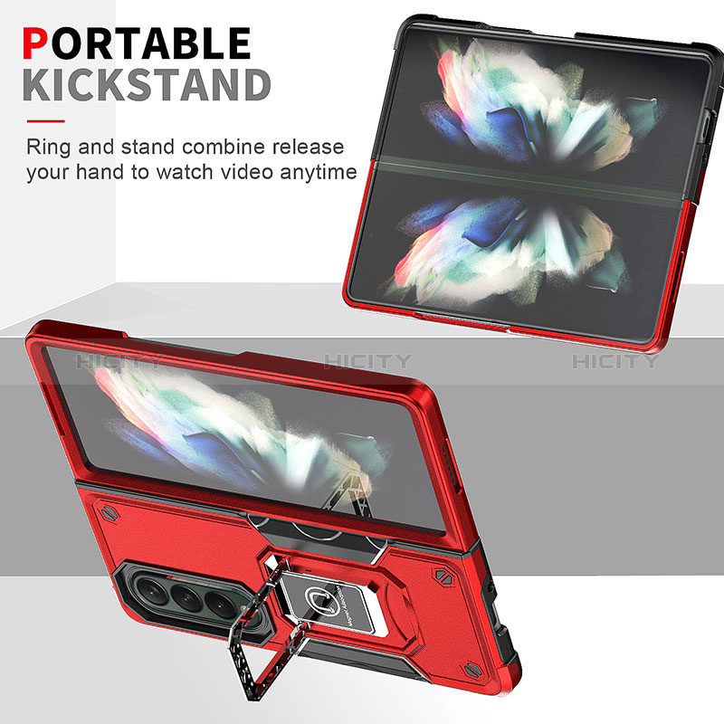 Silikon Hülle Handyhülle und Kunststoff Schutzhülle Hartschalen Tasche mit Magnetisch Fingerring Ständer QW1 für Samsung Galaxy Z Fold3 5G