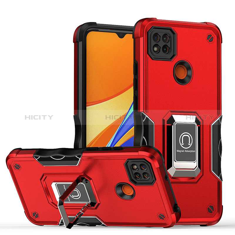 Silikon Hülle Handyhülle und Kunststoff Schutzhülle Hartschalen Tasche mit Magnetisch Fingerring Ständer QW1 für Xiaomi Redmi 9 Activ Rot