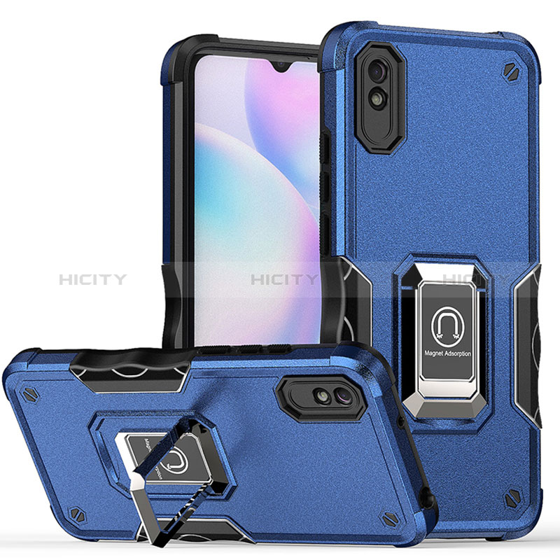 Silikon Hülle Handyhülle und Kunststoff Schutzhülle Hartschalen Tasche mit Magnetisch Fingerring Ständer QW1 für Xiaomi Redmi 9A Blau