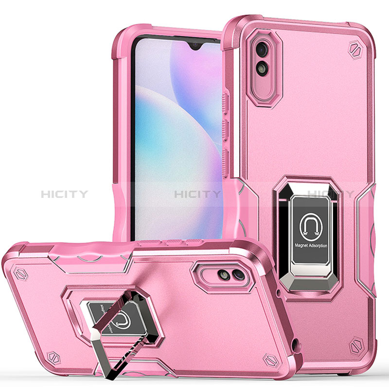 Silikon Hülle Handyhülle und Kunststoff Schutzhülle Hartschalen Tasche mit Magnetisch Fingerring Ständer QW1 für Xiaomi Redmi 9A Pink Plus