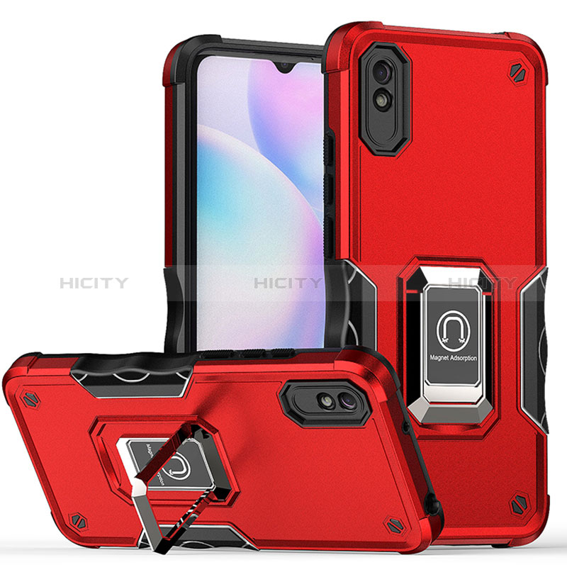 Silikon Hülle Handyhülle und Kunststoff Schutzhülle Hartschalen Tasche mit Magnetisch Fingerring Ständer QW1 für Xiaomi Redmi 9A Rot