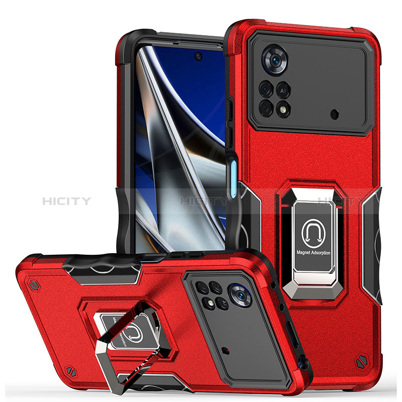Silikon Hülle Handyhülle und Kunststoff Schutzhülle Hartschalen Tasche mit Magnetisch Fingerring Ständer QW1 für Xiaomi Redmi Note 11E Pro 5G Rot