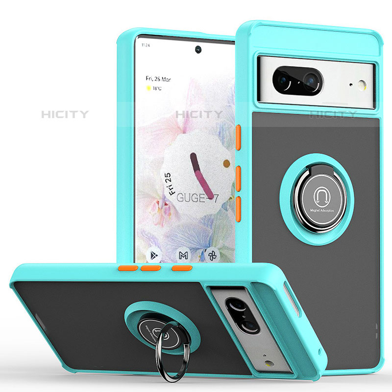 Silikon Hülle Handyhülle und Kunststoff Schutzhülle Hartschalen Tasche mit Magnetisch Fingerring Ständer QW2 für Google Pixel 7 5G Cyan