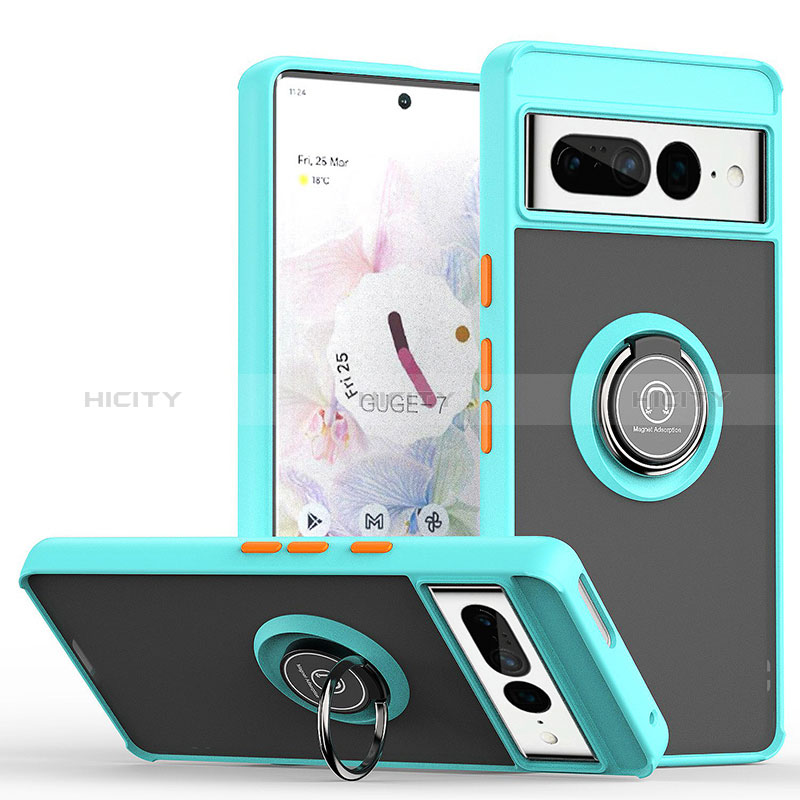 Silikon Hülle Handyhülle und Kunststoff Schutzhülle Hartschalen Tasche mit Magnetisch Fingerring Ständer QW2 für Google Pixel 7 Pro 5G Cyan