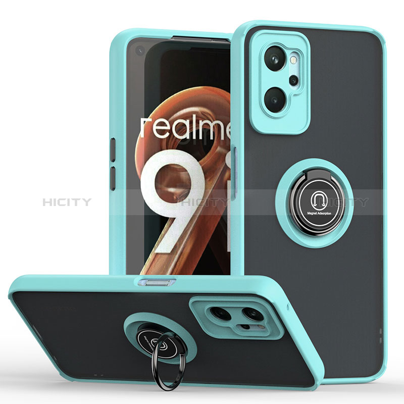 Silikon Hülle Handyhülle und Kunststoff Schutzhülle Hartschalen Tasche mit Magnetisch Fingerring Ständer QW2 für Oppo A96 4G Cyan