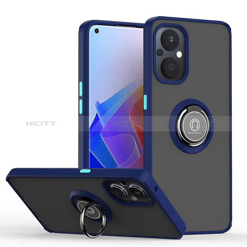 Silikon Hülle Handyhülle und Kunststoff Schutzhülle Hartschalen Tasche mit Magnetisch Fingerring Ständer QW2 für Oppo A96 5G Blau