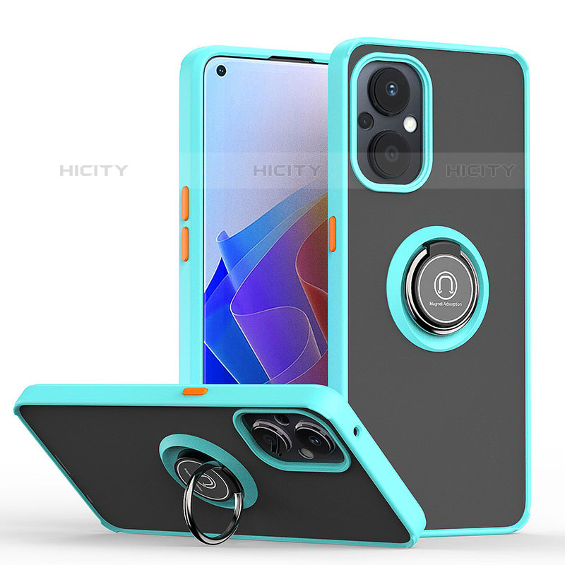 Silikon Hülle Handyhülle und Kunststoff Schutzhülle Hartschalen Tasche mit Magnetisch Fingerring Ständer QW2 für Oppo F21s Pro 5G Cyan