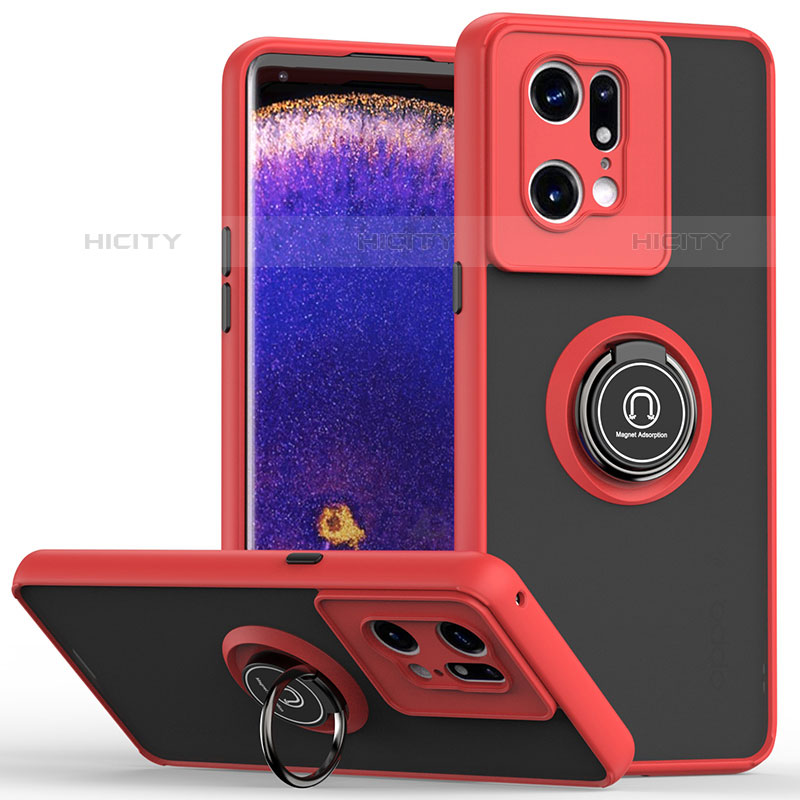 Silikon Hülle Handyhülle und Kunststoff Schutzhülle Hartschalen Tasche mit Magnetisch Fingerring Ständer QW2 für Oppo Find X5 Pro 5G Rot