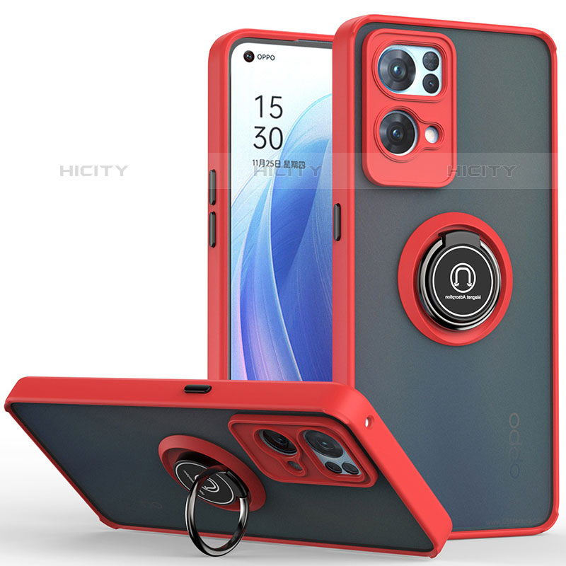 Silikon Hülle Handyhülle und Kunststoff Schutzhülle Hartschalen Tasche mit Magnetisch Fingerring Ständer QW2 für Oppo Reno7 Pro 5G Rot Plus